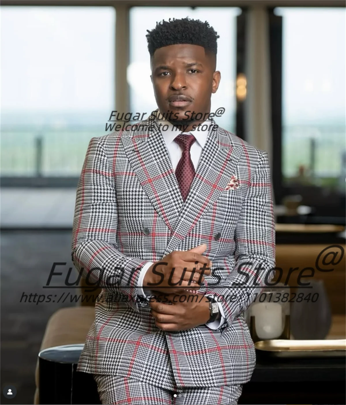 

Classic Plaid Men Suits Handsome Slim Fit Double Breasted Groom Wedding Tuxedos 2 Pieces Sets Male Party Blazers Costume Homme