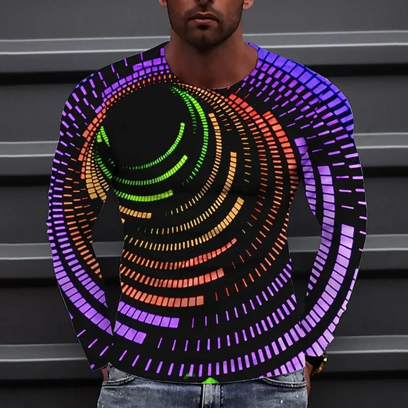 Fashion Colorful Pattern T-Shirt For Men Visual Illusion 3D Printed T Shirts Autumn Casual Loose O-Neck Tops Tees Long Sleeves