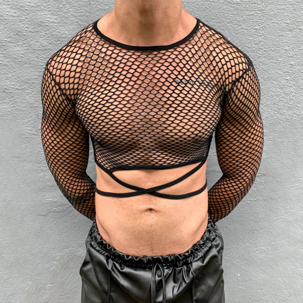 Streetwear Tie-up Crop Tops Mens Mesh Long Sleeve T Shirts Sexy Nightclub See Through Hollow Tops Fashion Transparent Slim Tees