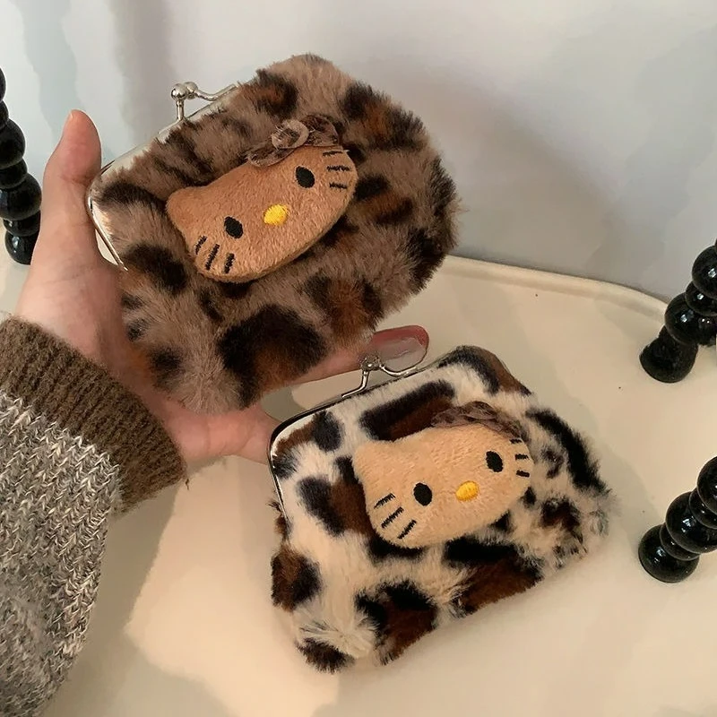 محفظة نقود معدنية لطيفة وطازجة وحلوة كيتي بطبعة الفهد من القطيفة تحمل حقيبة سماعة رأس بلوتوث حقيبة مكياج KT Cat حقيبة تخزين