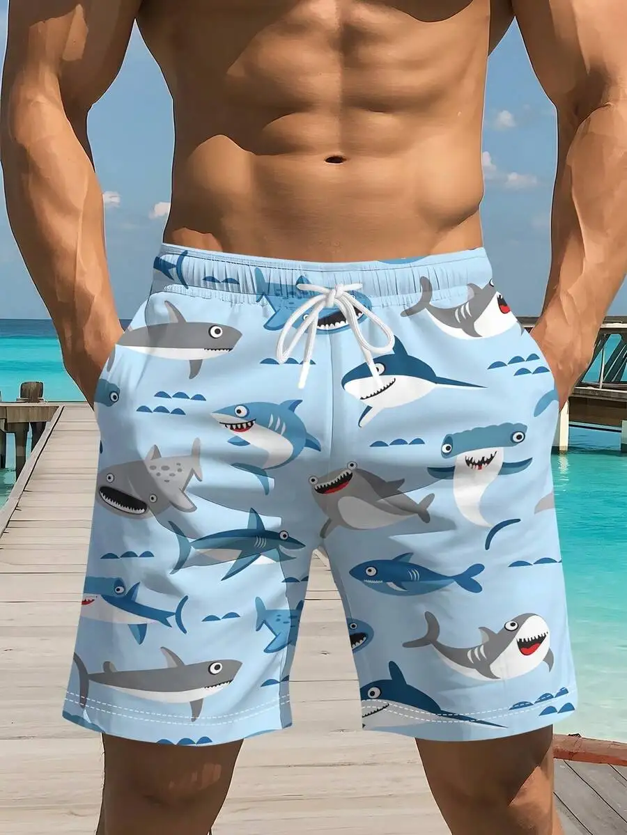 

Mens Summer Casual Shark Print Beach Shorts Loose Fit Drawstring Waist
