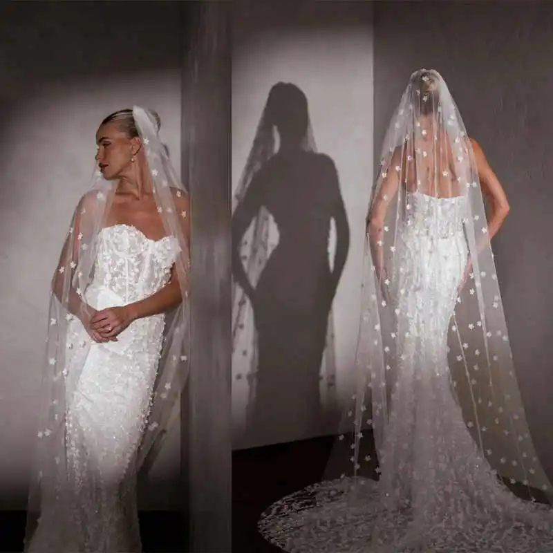 

Illusion Bridal Veils Women One-Layer Lace Appliques Edge Chapel Veil Bride Complementos Velo De Novia Customized