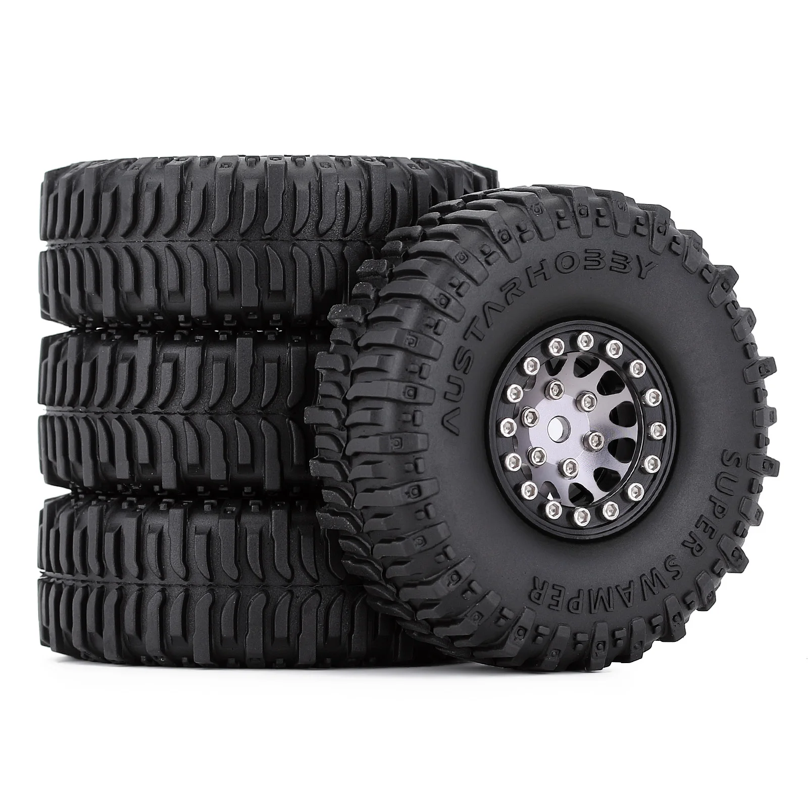 

4PCS 60*20mm Mud Rubber Tires&1.0" CNC Beadlock Wheel Rims Set for 1/24 RC Crawler Car Axial SCX24 FMS Enduro24 (W1049-T2430)