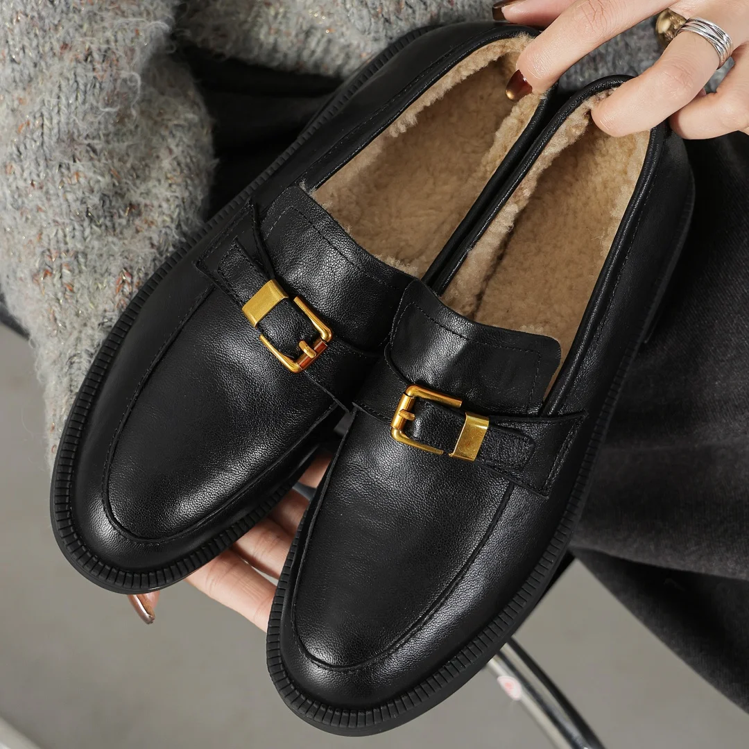 

danxuefei women's sheepskin round toe metal buckle wool inside winter warm loafers high quality casual female moccasins shoes