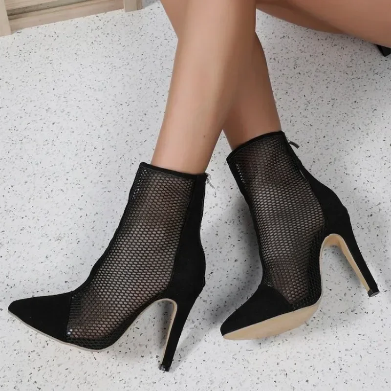 2024 New Spring and Autumn Fashion Pointed Sexy Mesh Breathable Back Zipper Panel Casual Slim  Women's Large Heels 35-43