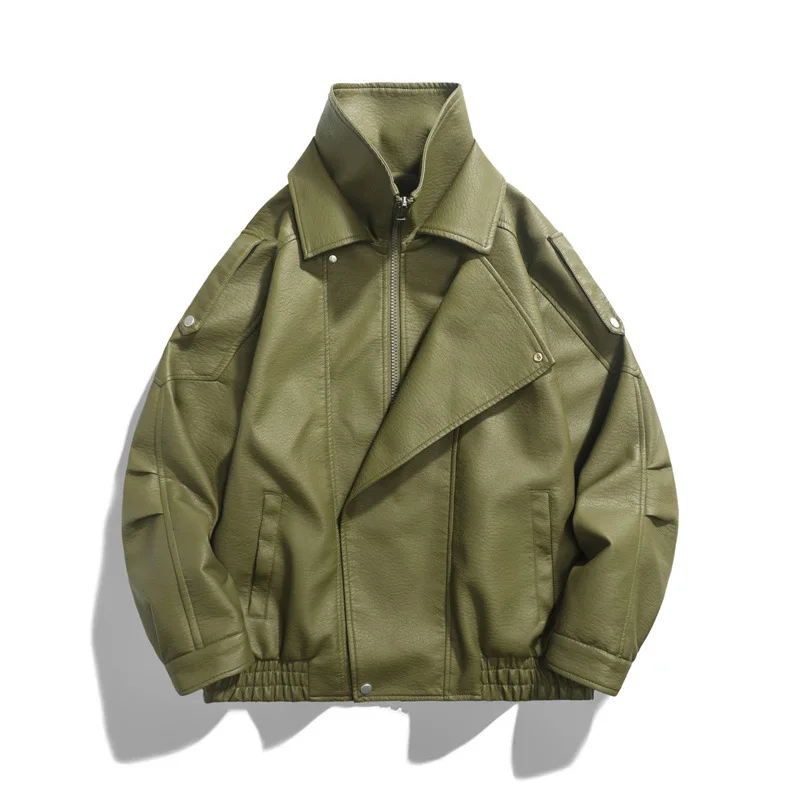 

Casual Men's Flight Jacket with Multiple Pockets Leather Jacket Punk Style Zipper Closure Spring Autumn Wear for Adults