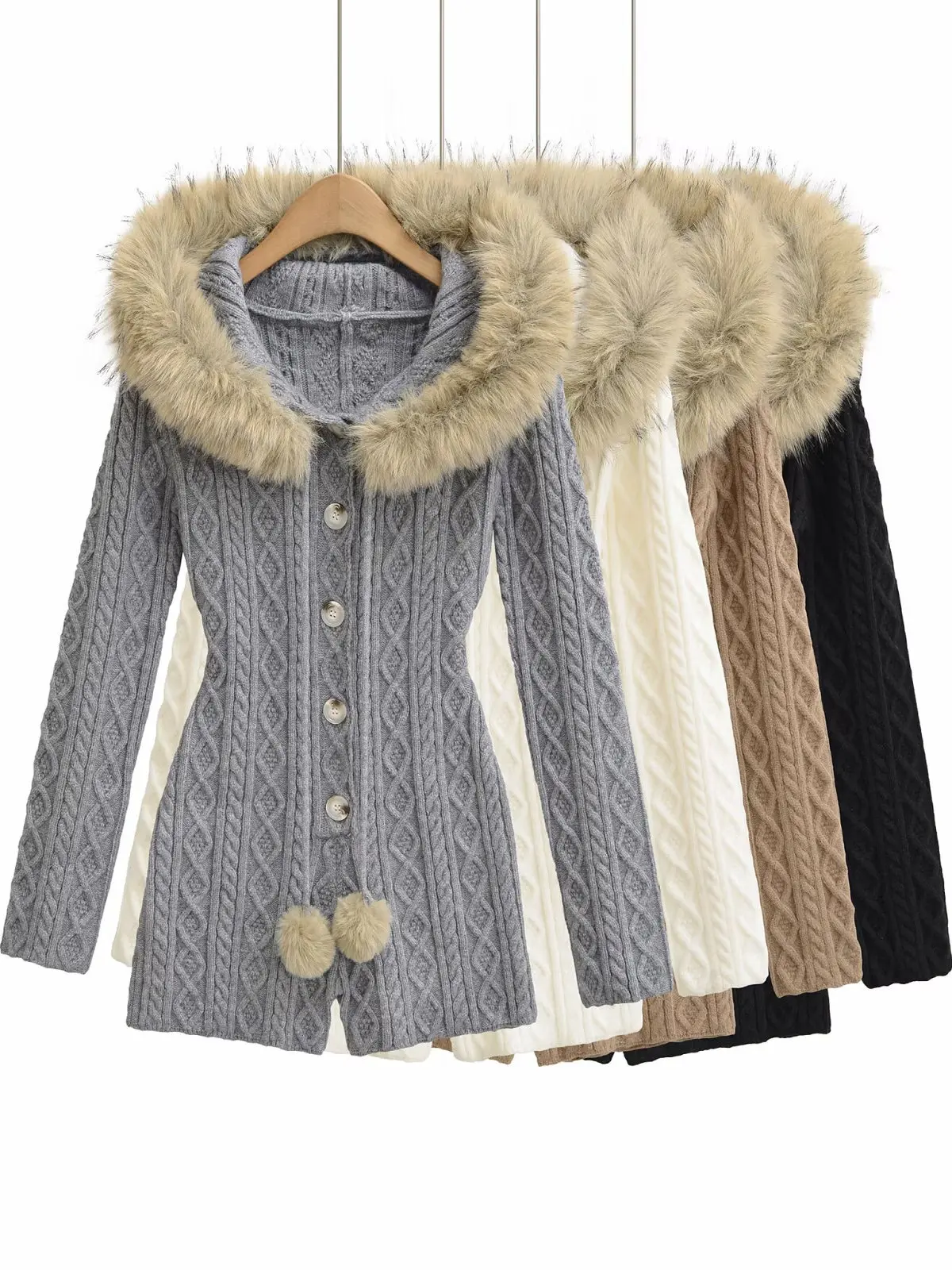 

XHaoo Sli Knitted One-Piece Suit Women Pure Desire Waist-Cinching Warm Long Sve Hooded Fur Collar Top Spring 2026