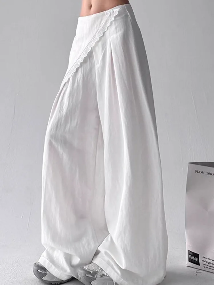 BJTZ الدانتيل حافة التطهير 2025 الربيع الصيف النساء عالية الخصر ضئيلة الربط مستقيم الساق عادية فضفاض معلقة السراويل وهمية قطعتين