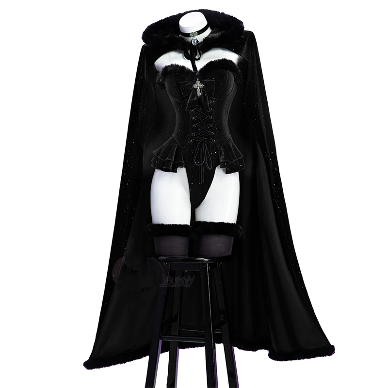 

Women Christmas Cosplay Costumes Sexy Plush Cape Corset Bodysuit With Gloves Gothic Witch Banquet Dress Christmas Lingerie Suits