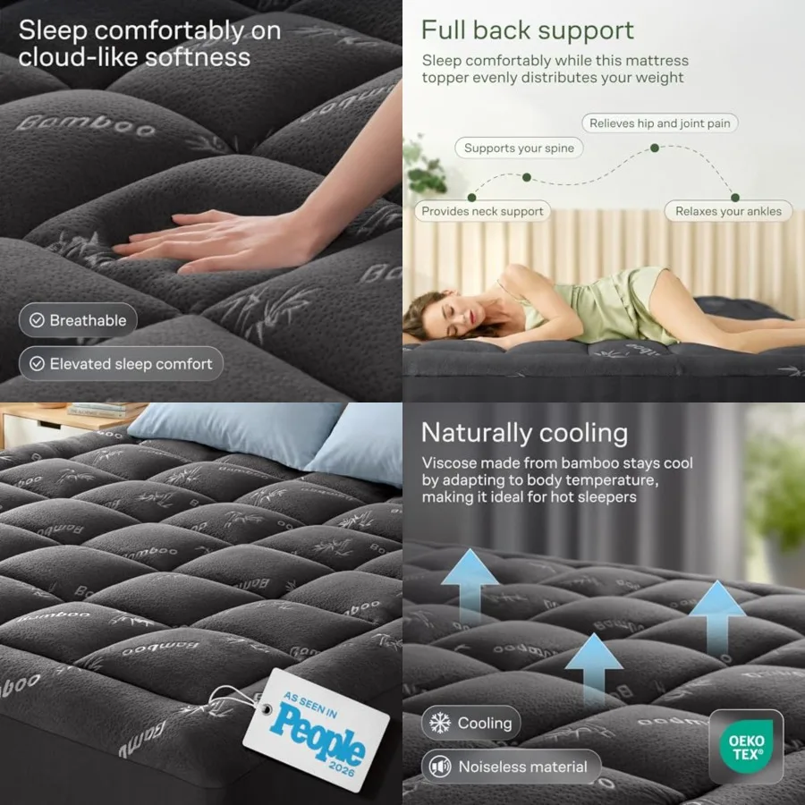 Ultra Soft King Size Mattress Topper - Rayon Derived from Bamboo Pillow Top Mattress Pad for Back Pain Relief - Naturally Cooling for Hot Sleepers, Dark Gray
