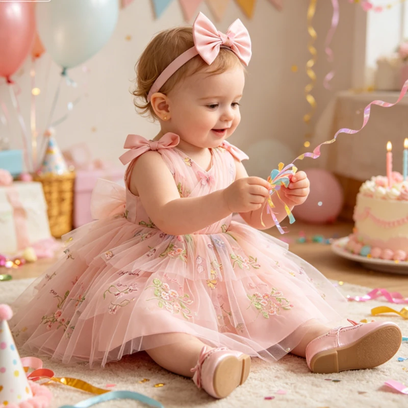 Baby Girl Princess Bow Dress Sleeveless Elegant Toddler Child Ruffled Tulle Vestido Wedding Birthday Party Baby Clothes 0-2Y