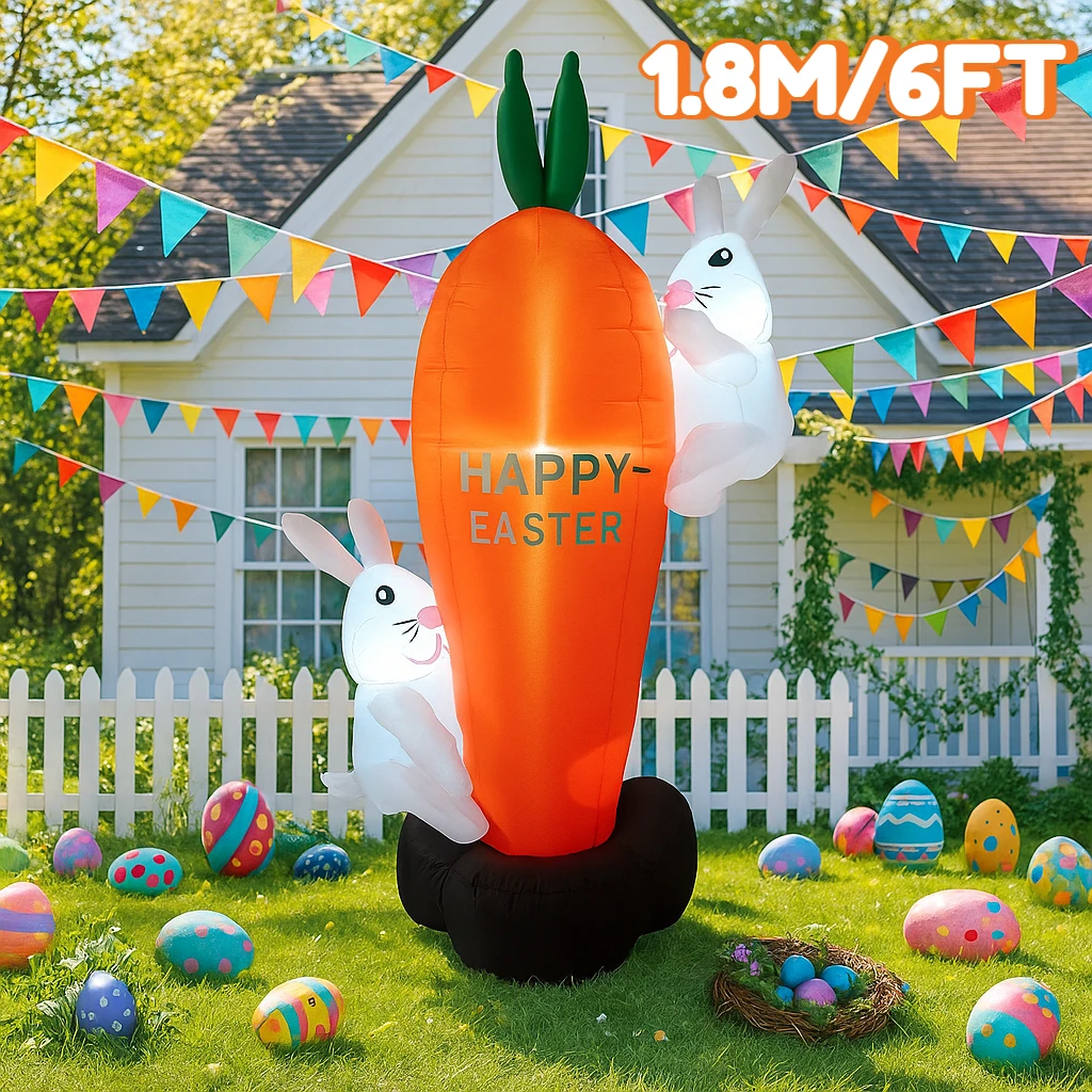 

6 футов счастливой Пасхи надувные игрушки кролик держит негабаритный морковный декор светодиодные фонари вечерние украшения пасхальные надувные