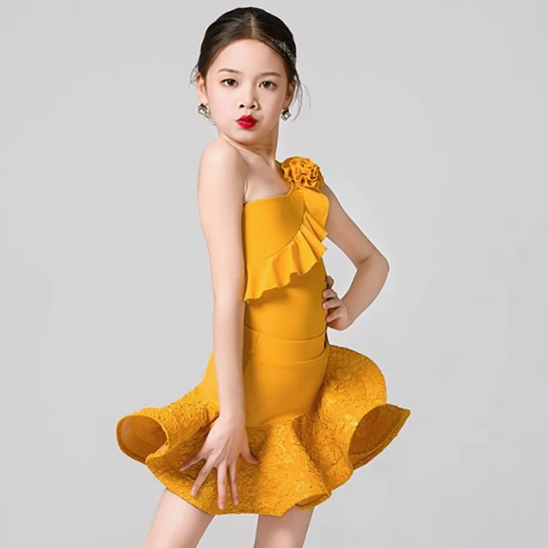 Kinder Mädchen One Shoulder Latin Dance Kleid Body Swing Rock Ballsaal Rumba Dancewear Training Chacha Performance Kostüme