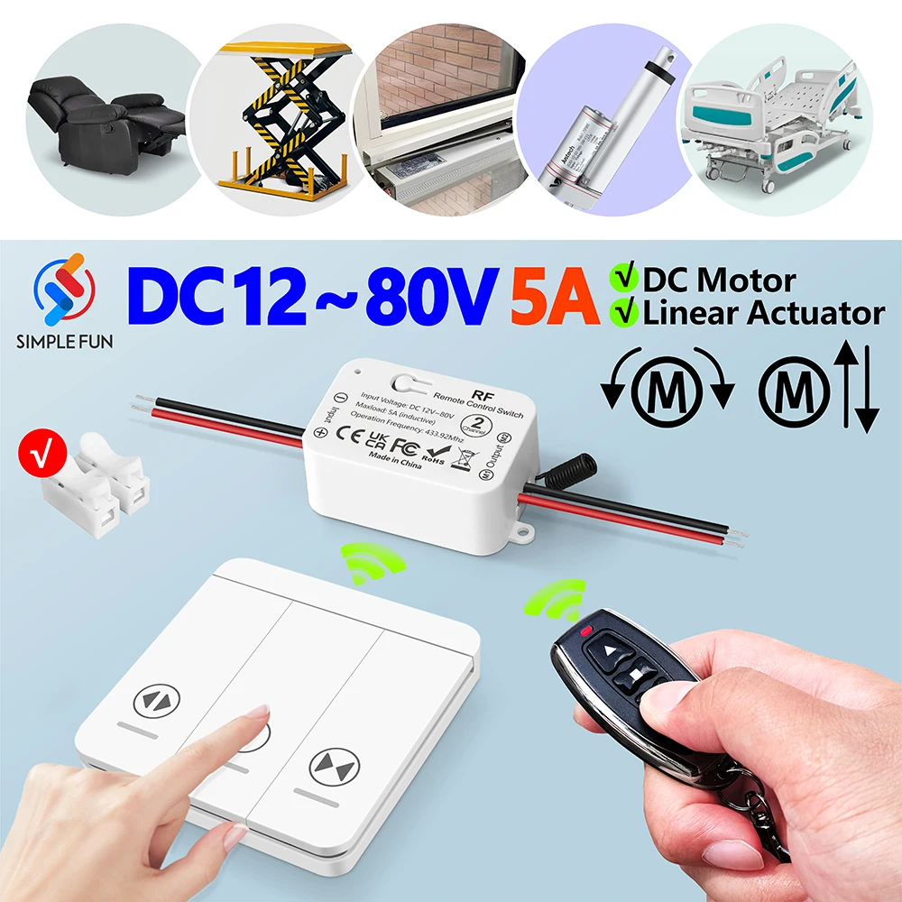 433Mhz DC Motor Remote Control Switch 12V 24V 48V 80V 5A Motor Drive Forwards and Reverse Controller for Motor/Electric Putter