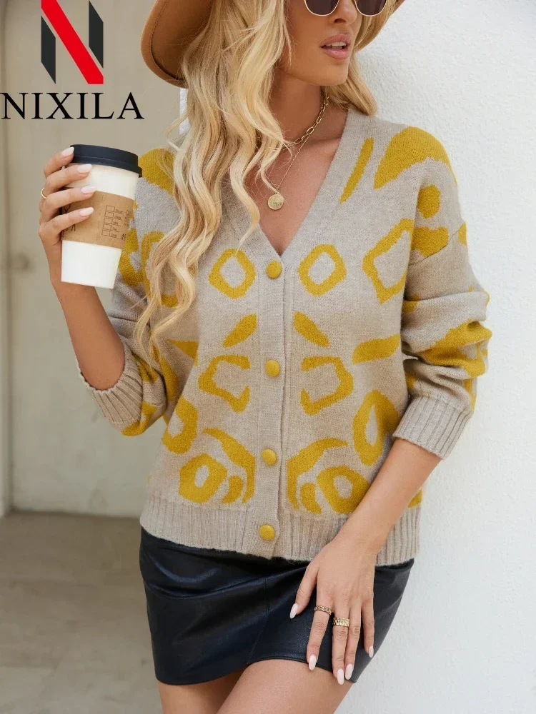 

Весенне-осенний вязаный женский кардиган большого размера с принтом и v-образным вырезом, корейские модные топы с длинными рукавами, повседневный свитер для женской одежды