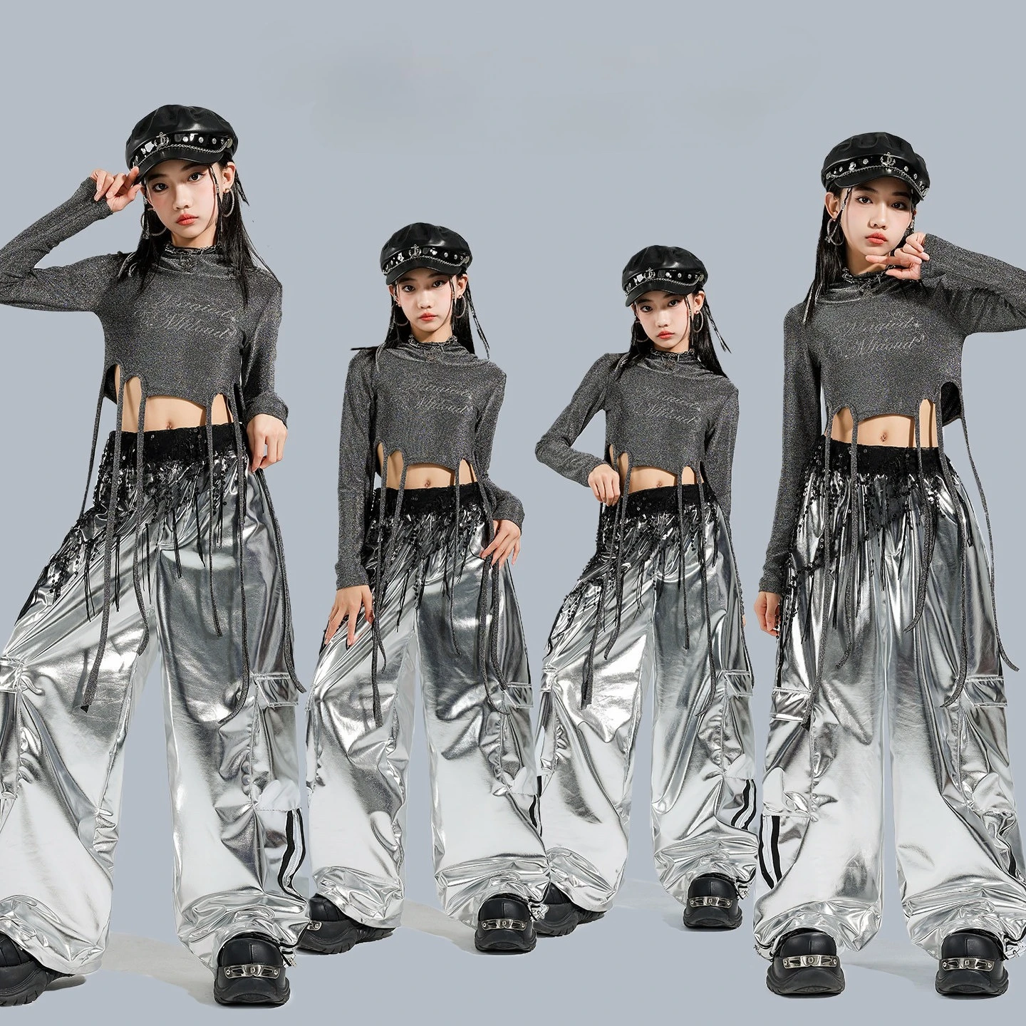 Hip Hop Girl Sequins Shiny Hoodie Crop Tops Kids K-pop Graffiti Cargo Pant Jazz Clothes Sets Child Girl Group Streetwear Costume