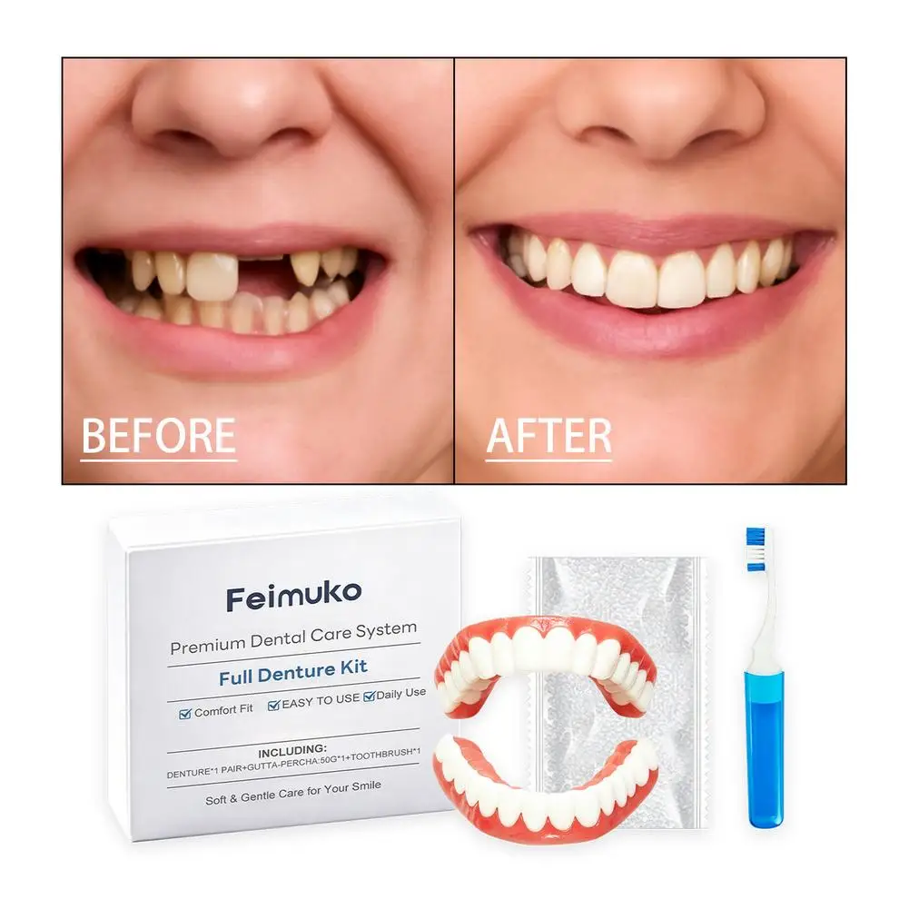 Full Denture Premium Dental Care Kit With Special Cleaning Brush Upper Lower False Teeth Veneers Set Realistic Gums Tone Fix Gap