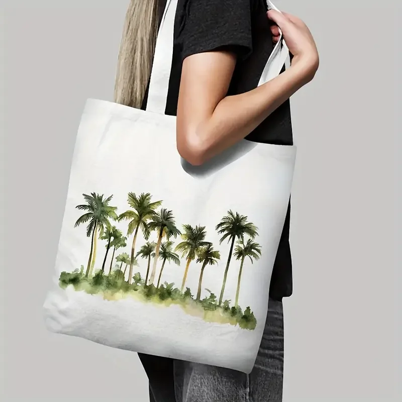 

1pc Tropical Palm Tree Canvas Tote Bag - Grocery & Beach Shoulder Bag Shopping Bag with Watercolor Design, Beach Bag