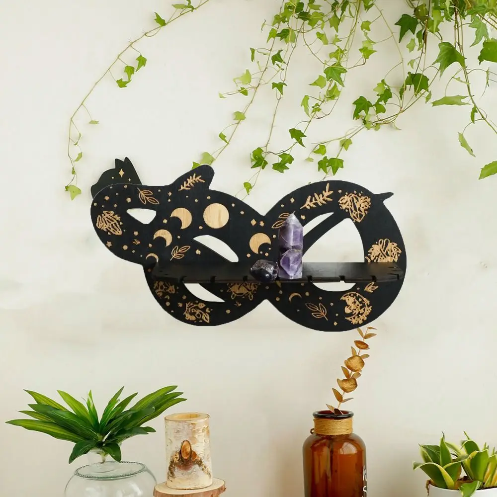 

Wooden Snake Floating Wall Shelf Decorative with Moon Snake Wall Crystal Shelf Wall-Mounted Crystal Pendant Holder for Bedroom