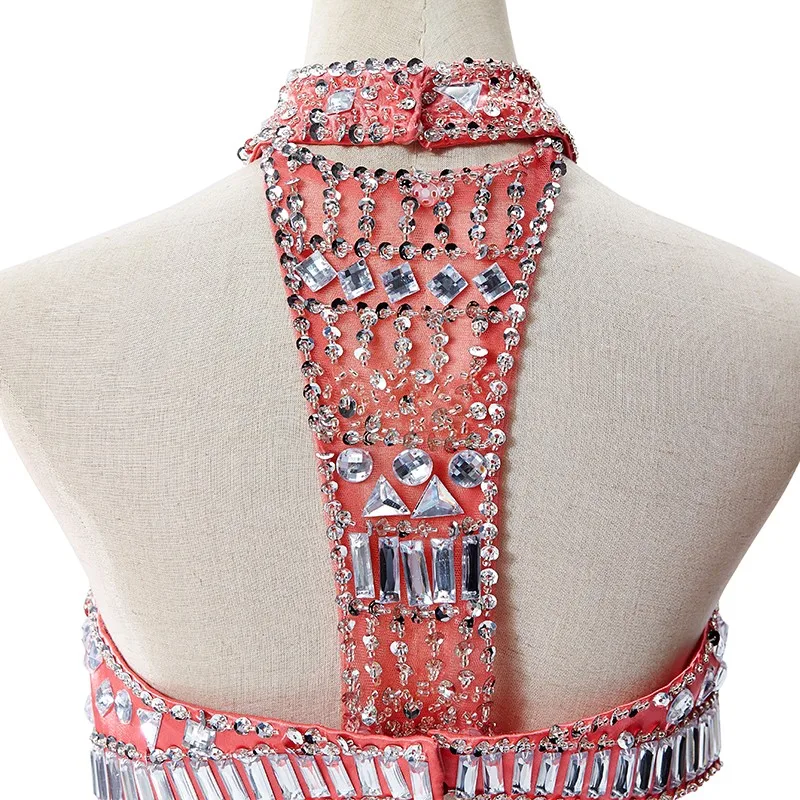 Vestido de fiesta de cristal con cuello Halter de lujo, Mini Vestido de dos piezas para fiesta de niña, tul con diamantes de imitación, Vestido de cóctel de noche para fiesta de graduación