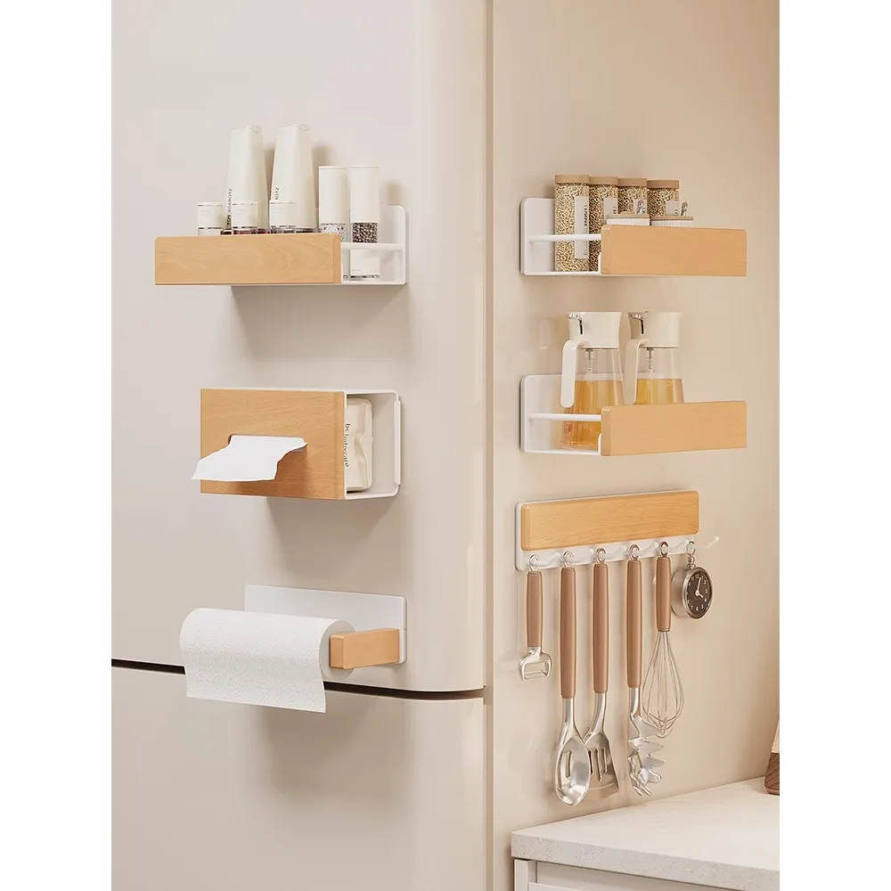 Kitchen magnetic suction refrigerator outer side shelf non-punching seasonings plastic wrap tissue box hook storage rack