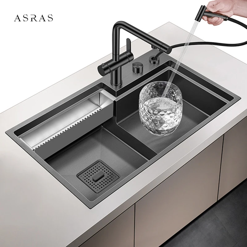 ASRAS Luxury Stepped Nanometer Sink 304 Stainless Steel 4mm Thickness 220mm Depth Large Size Handmade Stepped Kitchen Sinks