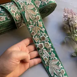 1 Yard 4.5cm Green Embroidery Flowers Sequin Fabric Gold thread Lace Ribbon Ethnic Clothing Dress Sewing Trims Craft Decoration