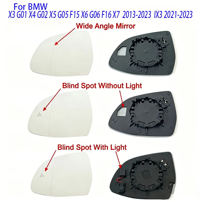 Wide Angle Heated Mirror Glass With Blind Spot Warning For BMW X3 G01 X4 G02 X5 G05 F15 X6 G06 F16 X7  2013-2023  IX3 2021-2023