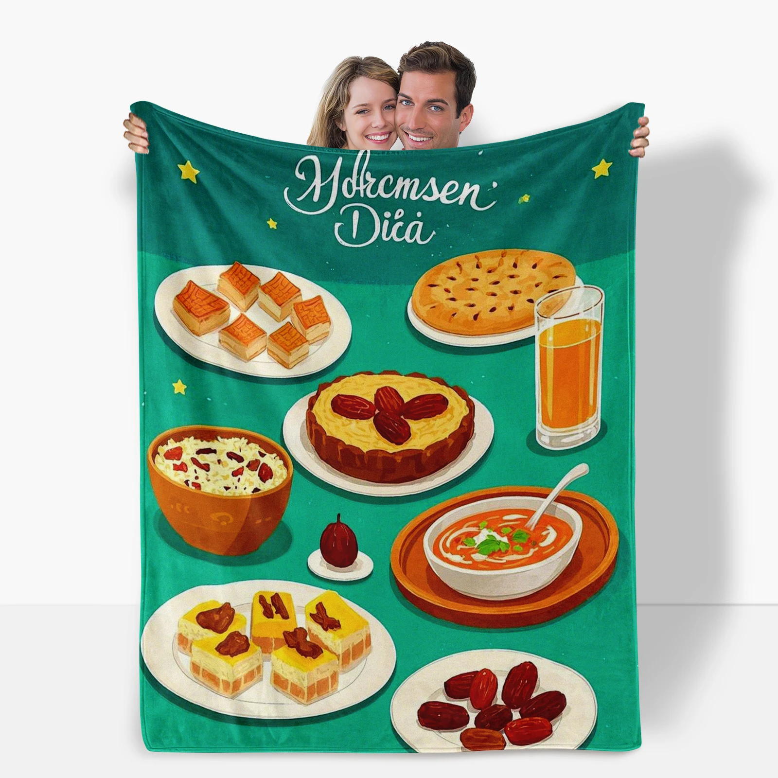 Cartoon Styled Traditional Foods Dates And Juice Decorated Mid East Ramadan Festival Blanket Unique Gift