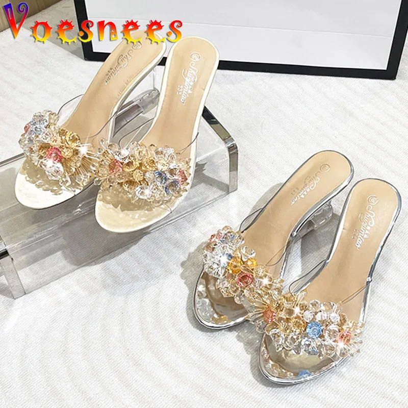 2022 New Summer Color Bead Flower Shoes Everyday Women Transparent Wedge Heeled Slippers Fashion Elegant Jelly Sandals Size 43