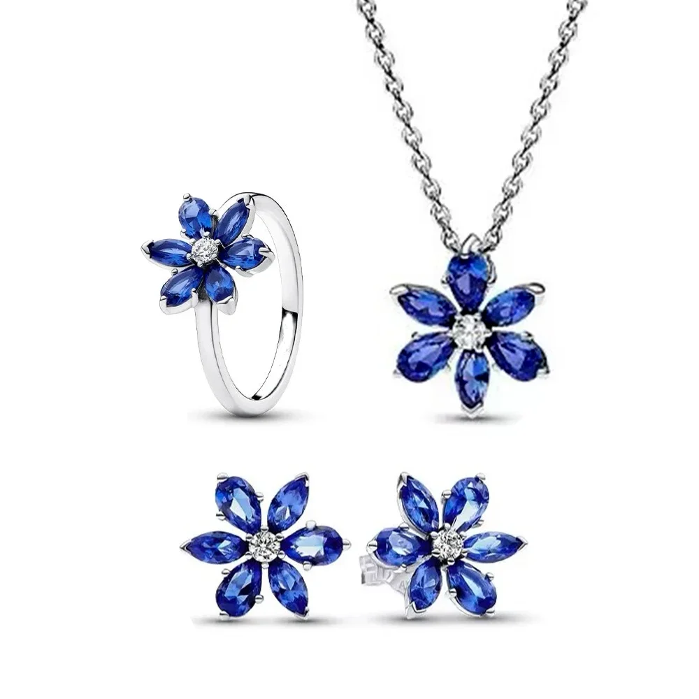 Earrings 925 Sterling Silver Sparkling Blue Glass Flower Series Earrings Necklace Ring Women High-end Personalized Jewelry Gift