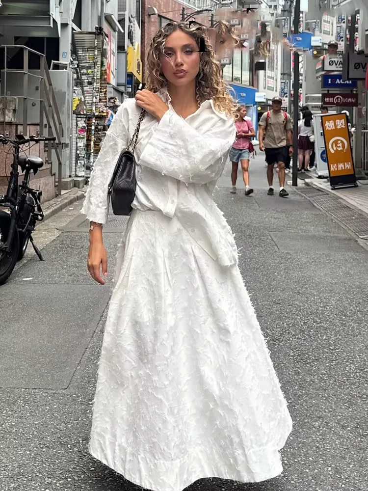 

HH Female Holiday Style Suit White Turn-Down Collar Single-Breasted Shirts+High Waist Zipper A-Line Skirts Women Skirt Sets