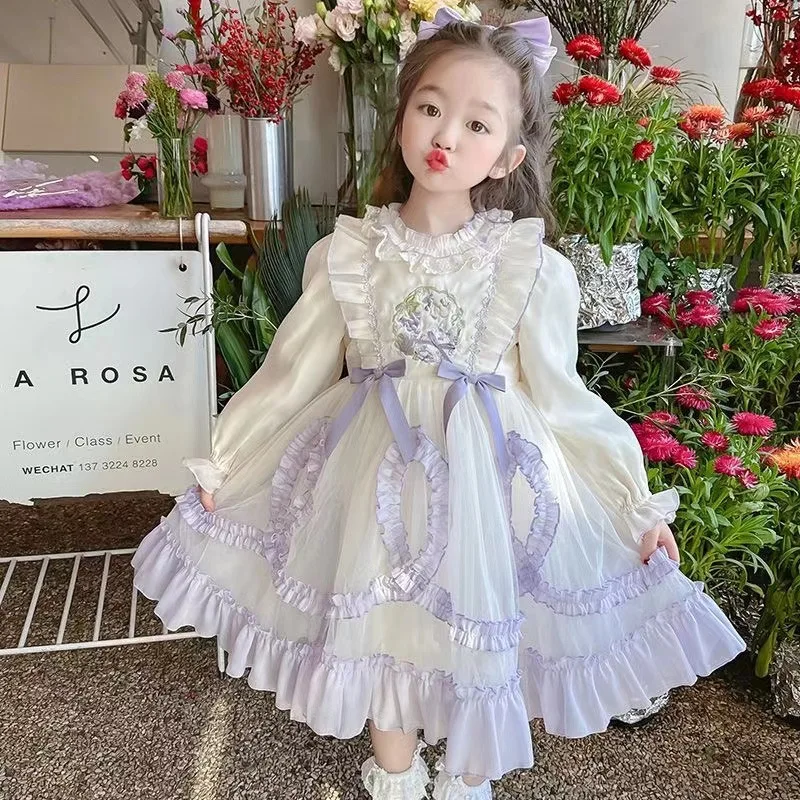 Autumn Winter New Girls Long Sleeve Princess Dress High-end Heavy-duty Stitching Sweet Bow Girl Dress