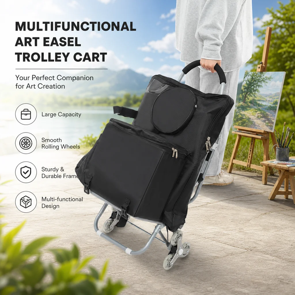 Chariot d'art multifonctionnel pour croquis, chevalet roulant pliable, chaise roulante portable, chariot d'art avec siège en tissu Oxford noir, sac de rangement, cadre en acier léger, autoportant pour artiste en plein air, peinture, dessin, studio, voyage
