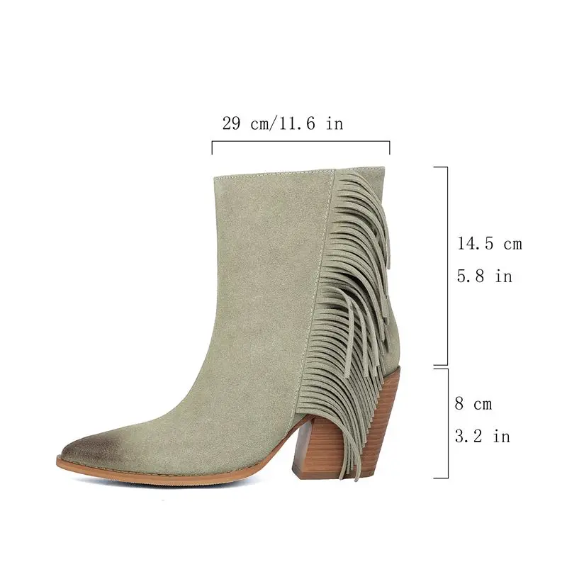Girseaby Lady Brown Ankle High Botas Sharp Toe 8cm Cuban HeelTassels Plus Size 40 41 42 43 44 45 46 47 48 Black Grey