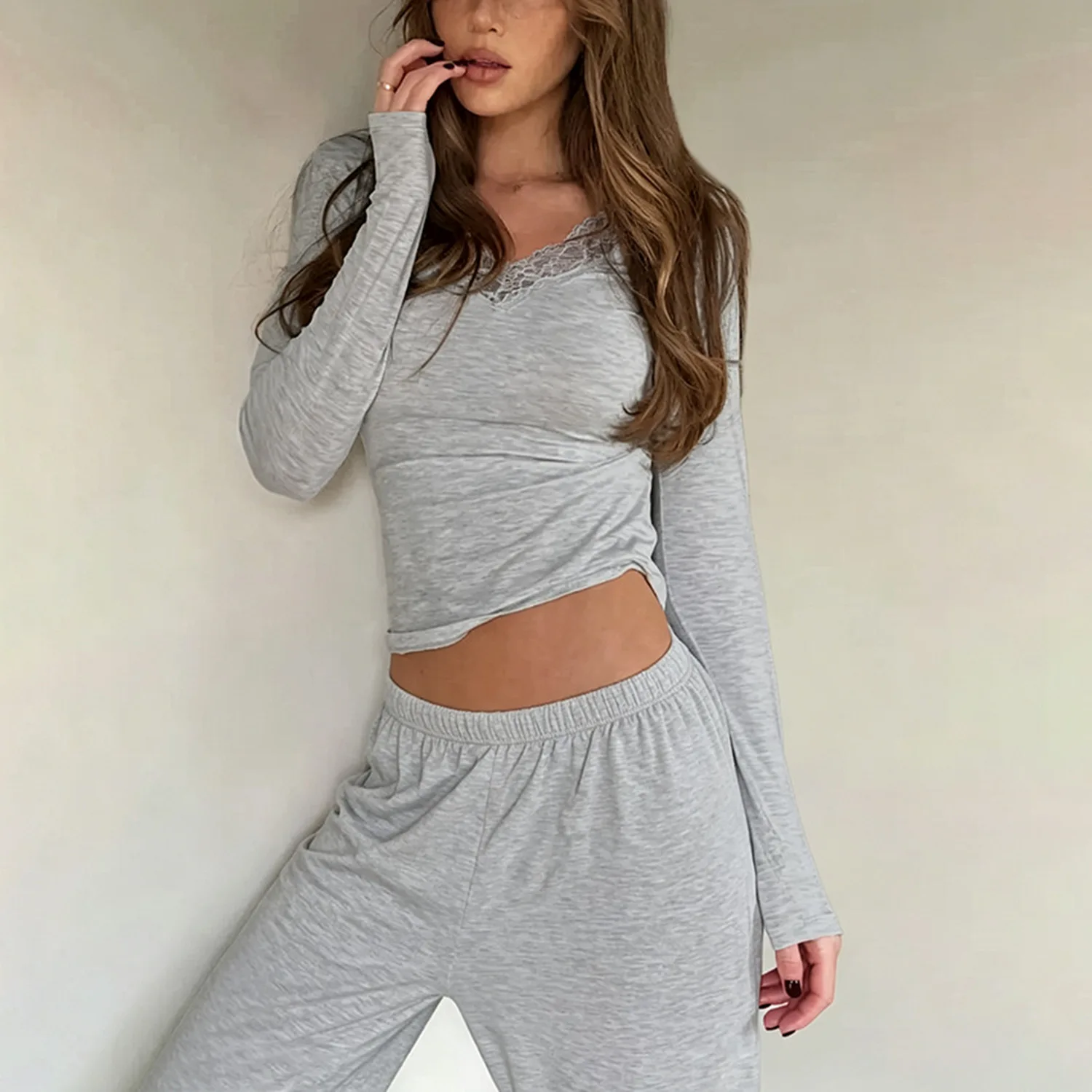 Women's 2 Piece Pajama Set Grey Lace Trim V Neck Long Sleeve Crop Top Elastic Waist Pants Casual Sleepwear Loungewear