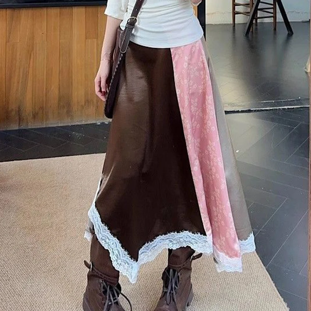 

, French atmosphere irregular three-color splicing lace skirt long dress women korean fashion clothing