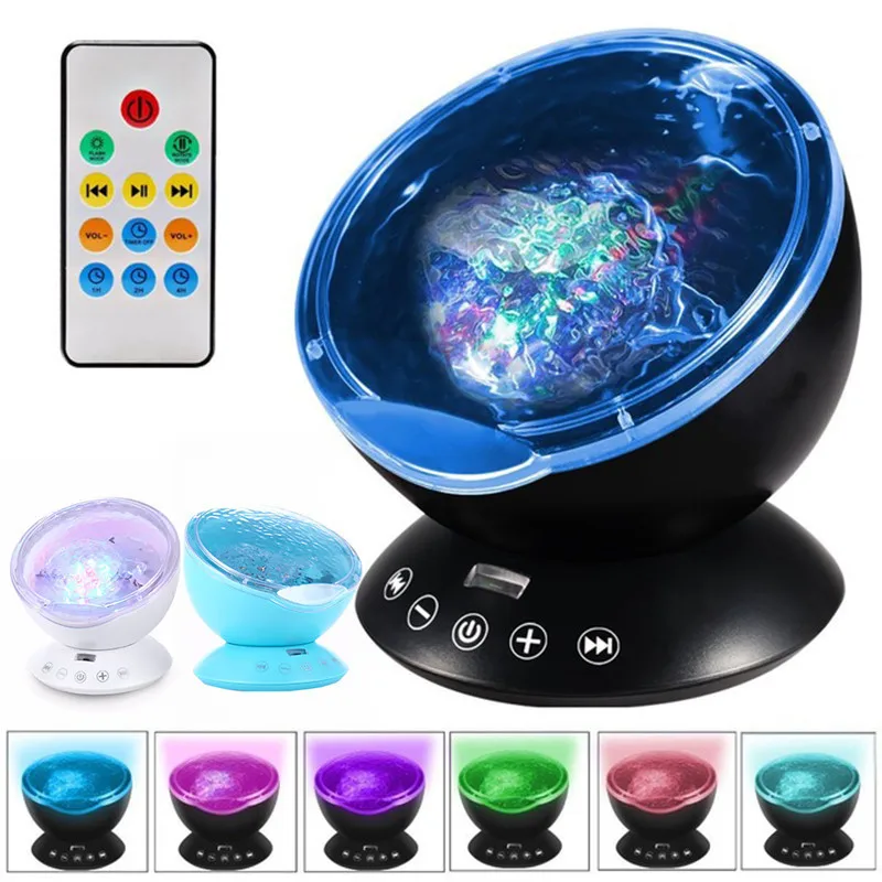 Ocean Wave Night Light Projector Lamp Remote Control Bedside Lamp USB Cable Music Player For Children Kids Gifts Room Decoration