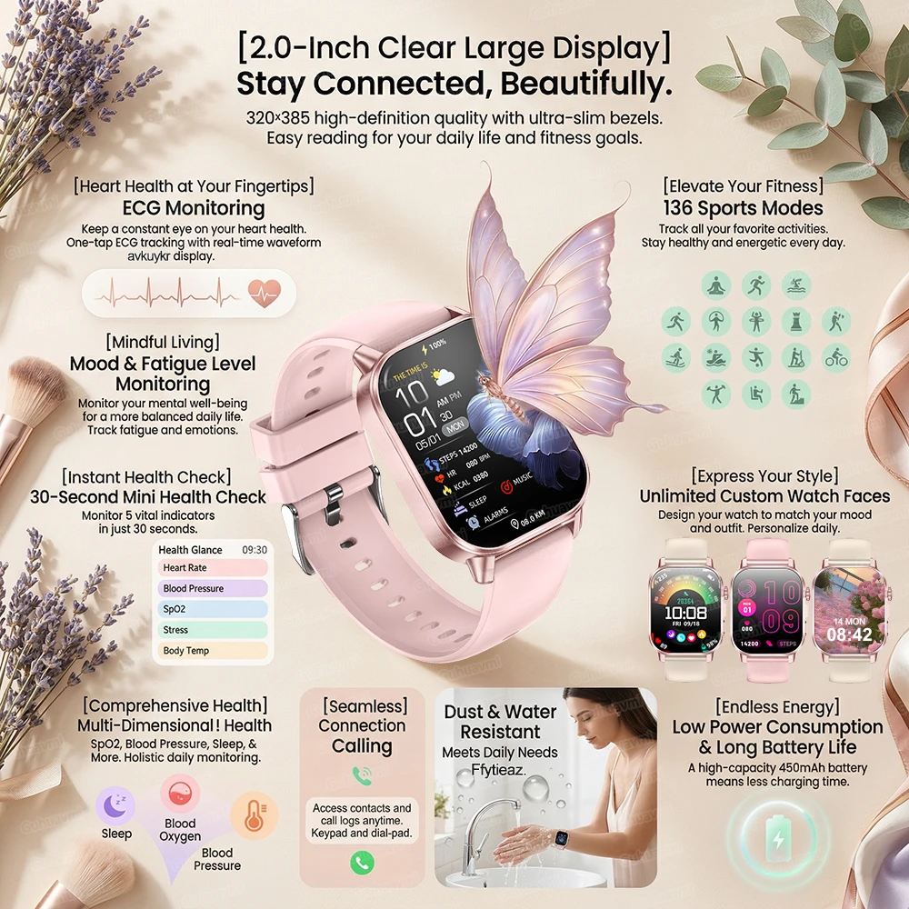 

Новые смарт-часы 2026 года для женщин: мониторинг здоровья, измерение уровня жира и мочевой кислоты, частоты сердечных сокращений, ЭКГ, физическое обследование, звонки по Bluetooth, AMOLED-экран 2.0 дюйма