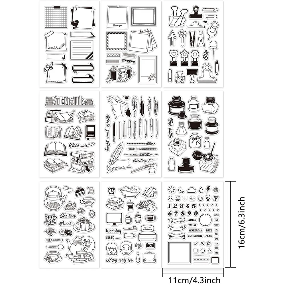 9 Sheet Silicone Clear Stamps Seal Clip Book Pen Ink Daily Life Sweet Tea Time for DIY Scrapbook Card Making Envelope Decoration