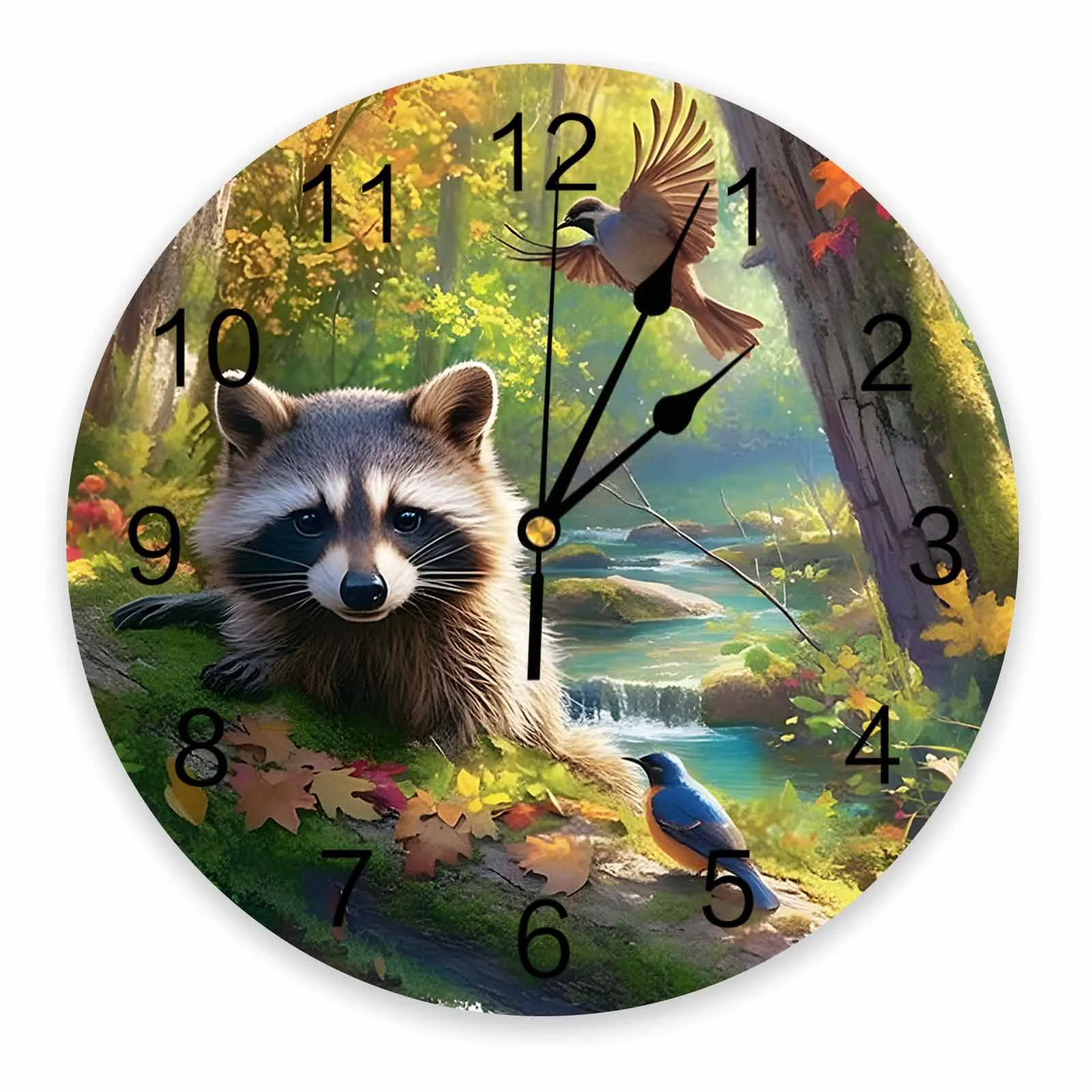 Bird Forest Stream Raccoon Wall Clock Large Modern Kitchen Dinning Round Wall Clocks Bedroom Silent Hanging Watch