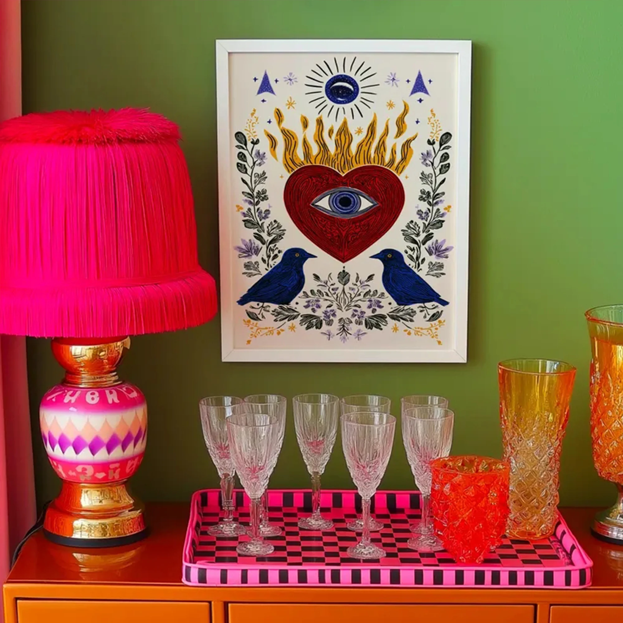 Retro Jewish Evil Eye Heart And Birds Wall Art Print Canvas Painting Poster Picture For Living Room,Bedroom Home Decor