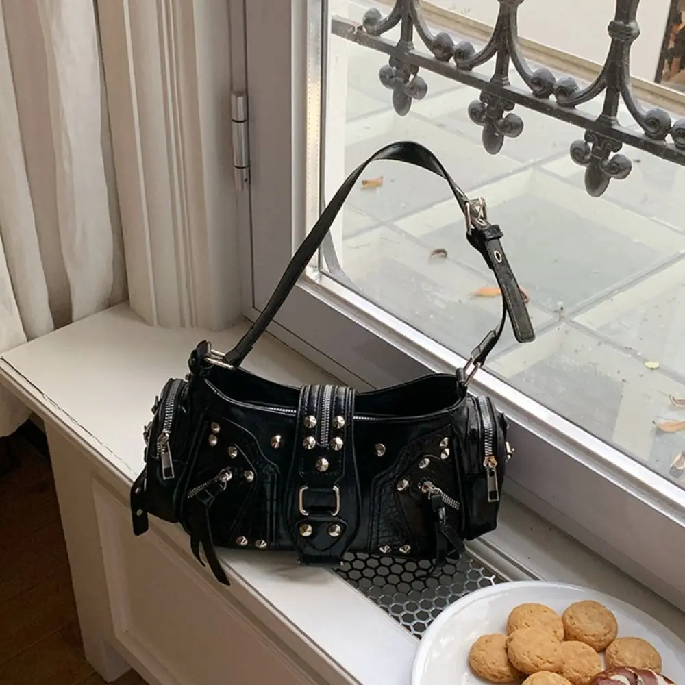 

Trend Y2K Retro Rivet Shoulder Bag Multi-pocket Spicy Girl Vintage Underarm Bag Oil Wax Leather Handbag Armpit Bag Girls