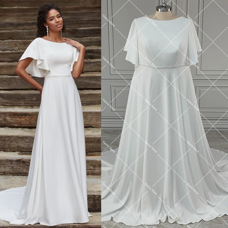 Short Flutter Sleeves Satin Micro Wedding Dress Elegant Outdoor Customized Scoop Neck Long Buttons Downs Church Bridal Gown