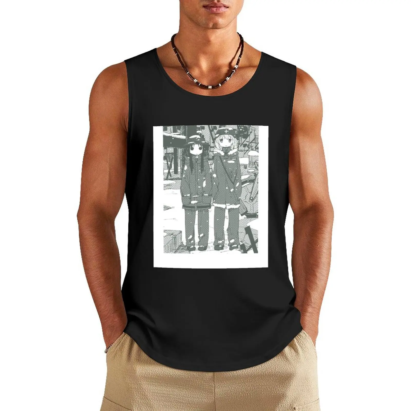 Last Tour para niñas / Shōjo Shūmatsu Ryokō: Camiseta sin mangas verde militar con marco para niñas Camisetas para hombres ropa de gimnasia para hombre gimnasio para hombres