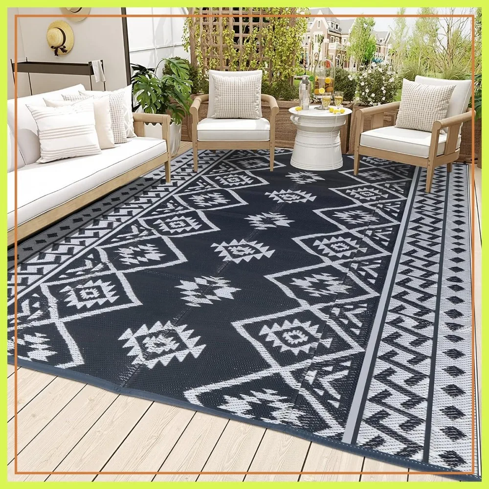 

9x12 ft Outdoor Rug Waterproof Plastic Straw Mat for Camping, Large RV Carpet Deck Backyard Balcony Picnic with Stakes, Grey