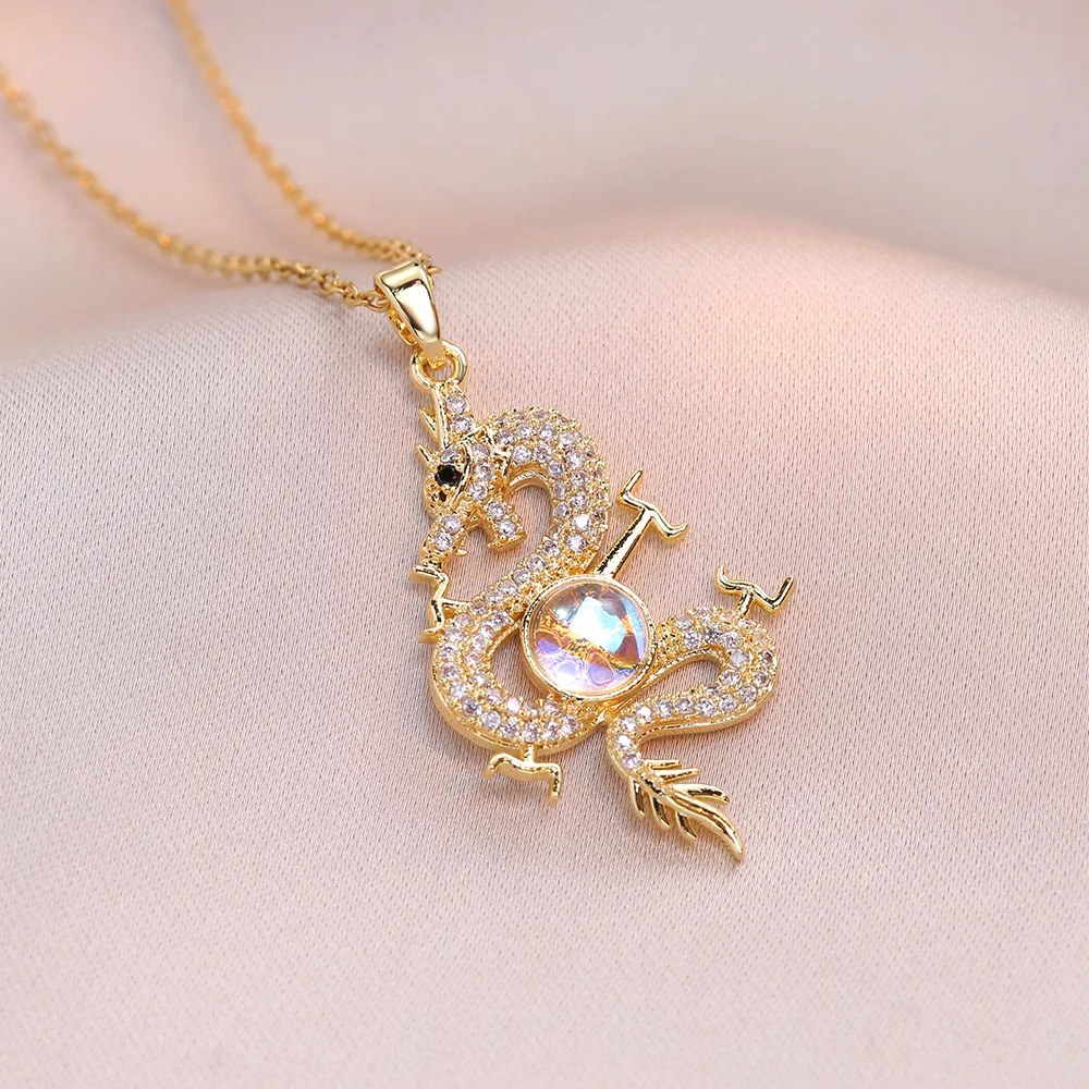Classic Chinese Style Exquisite Auspicious Dragon Signet Pendant Necklace for Men Charm Fashion Lucky Moonstone Amulet Jewelry