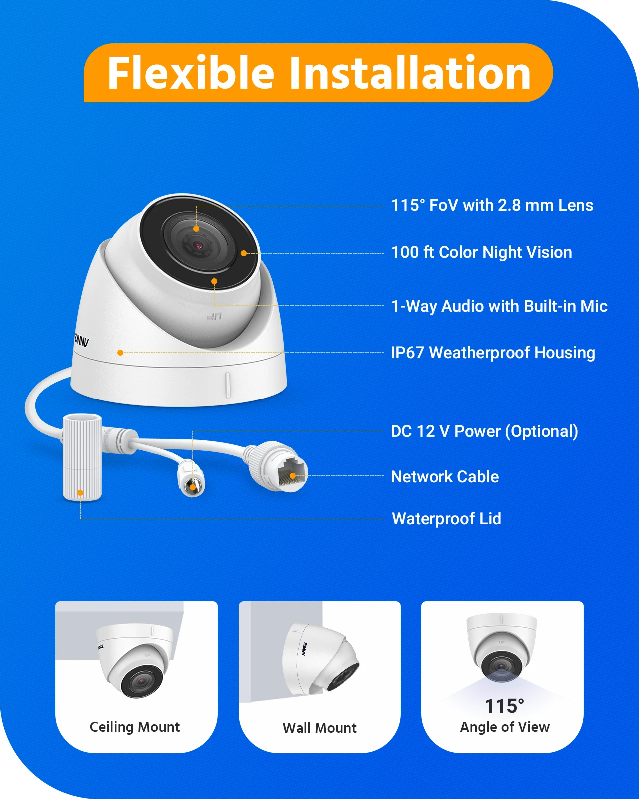 ANNKE Ultra HD 5MP POE Camera IP67 Outdoor Indoor Security Network Dome 2.8mm EXIR Night Vision Email Alert PoE Camera White