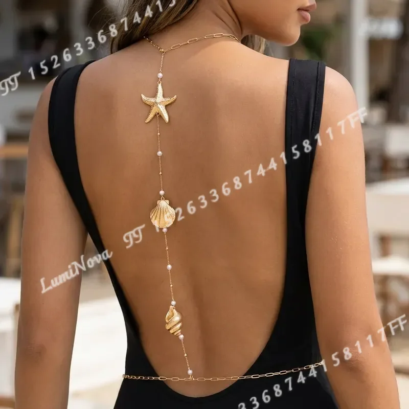 European American Beach Style Ocean Series Women Long Back Chain Artificial Shell Starfish Necklace Versatile Imitation Pearl