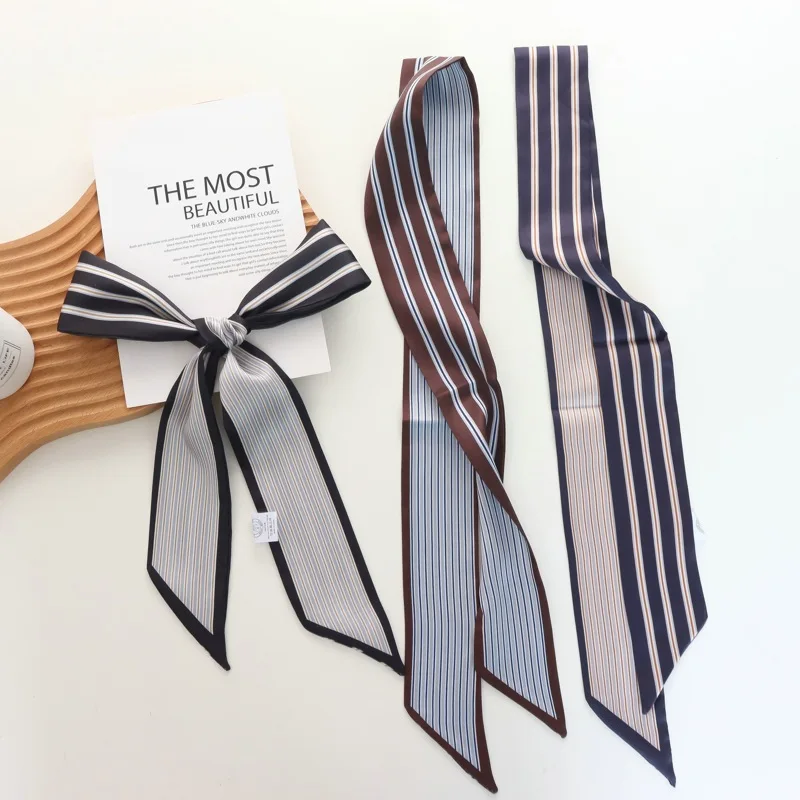 2025 New Striped Small Silk Scarf Women's Spring and Summer All-Match Decorative High-Grade Ribbon Hair Band Hair Tie Headband